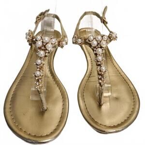 UNISA Golden Pearl and Crystal Leather Strappy Sandals – SIZE 8.5